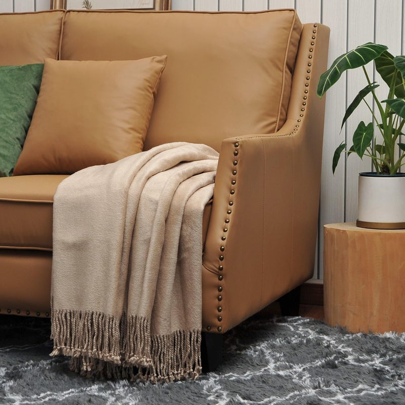 EP Mode Fringed Mulberry Silk Throw Blanket for Sofa (Rugby Tan) - Image 3